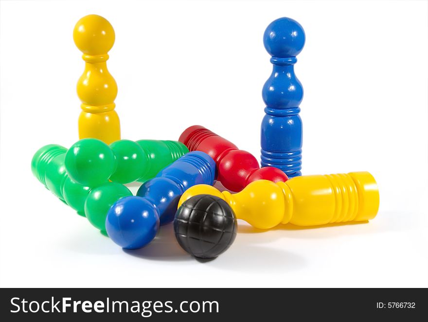 Colorful bowling pins and a bowling ball. Colorful bowling pins and a bowling ball