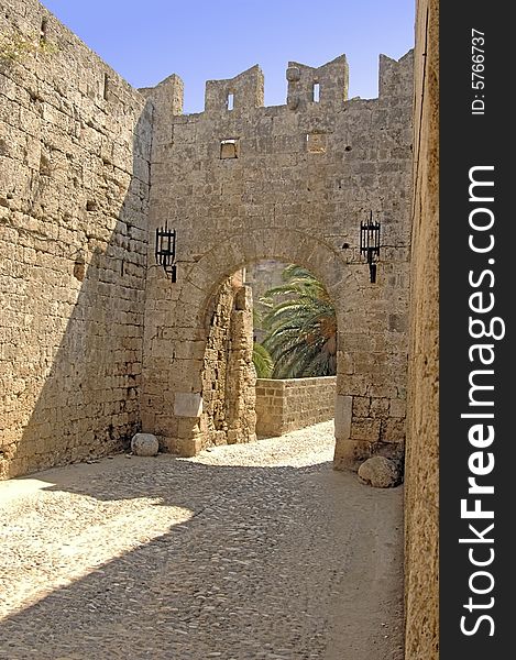 A Gate into the ST Johns Castle on Rodos in the Greek Islands. A Gate into the ST Johns Castle on Rodos in the Greek Islands