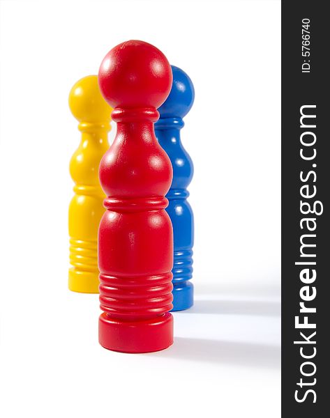 Colorful bowling pins on white background