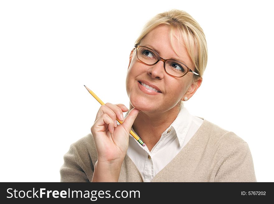 Beautiful Woman with Pencil Isolated on a White Background.