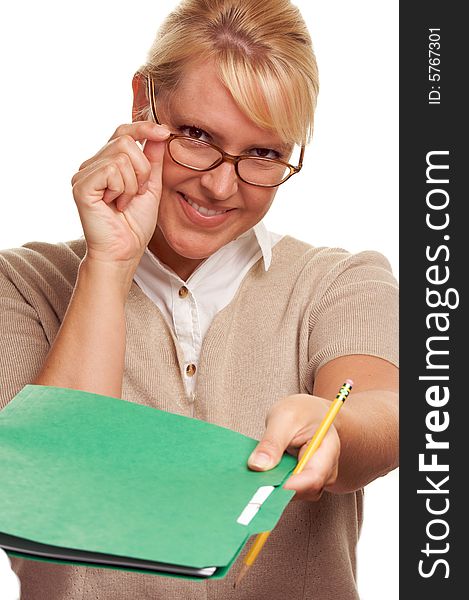 Beautiful Woman with Pencil and Folder taking notes. Beautiful Woman with Pencil and Folder taking notes.