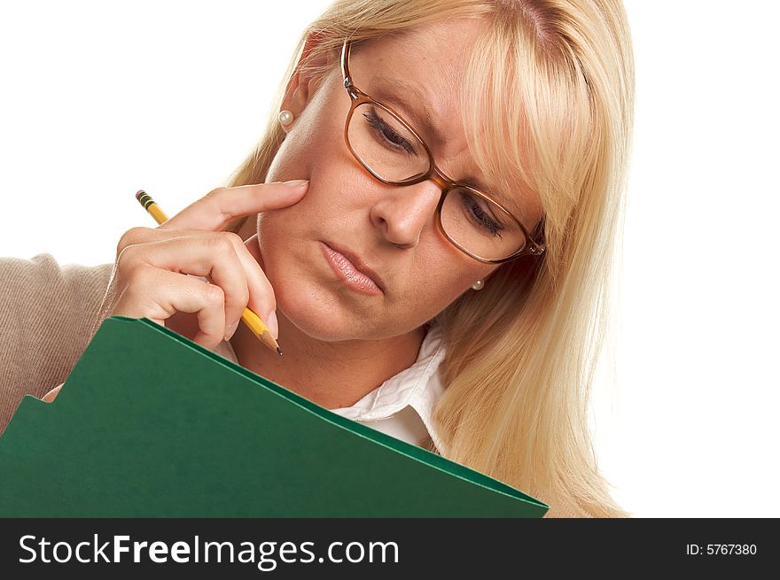 Serious Woman With Pencil & Folder