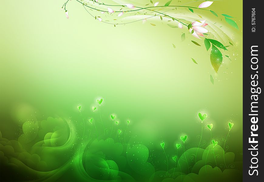 Green hearts background whis leaves and flowers