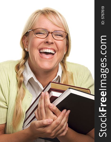 Happy Woman Carries Stack of Books