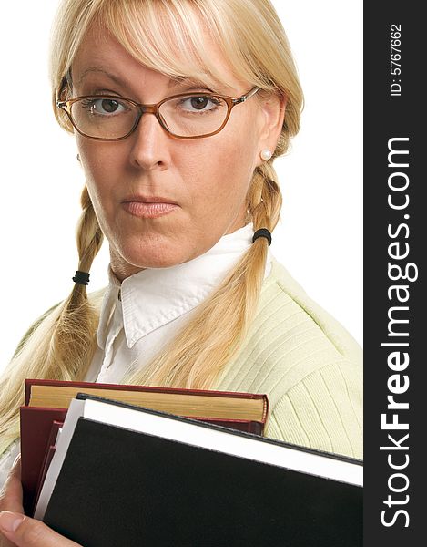 Attractive Woman with a Stack of Books Isolated on a White Background. Attractive Woman with a Stack of Books Isolated on a White Background.