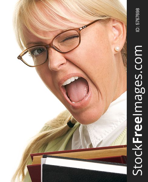 Attractive Woman with a Stack of Books Isolated on a White Background. Attractive Woman with a Stack of Books Isolated on a White Background.