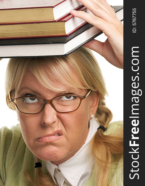 Unhappy Woman Carries Stack of Books