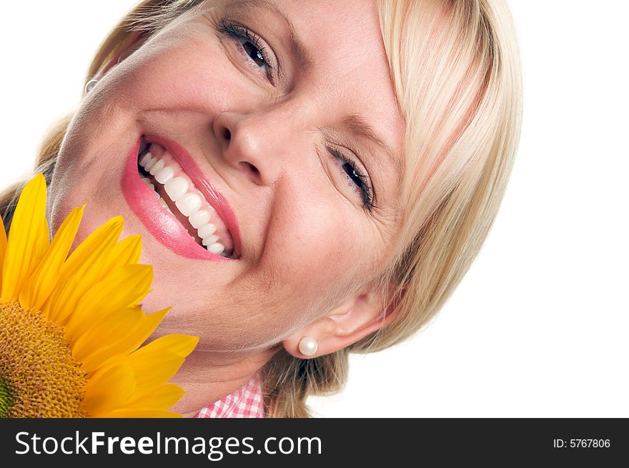 Attractive Blond with Sunflower Isolated on a White Background.