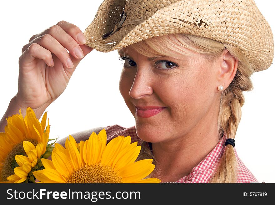 Attractive Blond With Sunflower & Hat