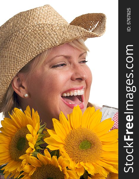 Attractive Blond with Sunflower & Hat - Isolated on a White Background.