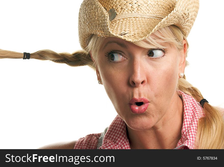 Attractive Blond with Cowboy Hat Isolated on a White Background.