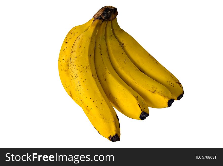 A hand of yellow ripe bananas isolated on a white background. A hand of yellow ripe bananas isolated on a white background