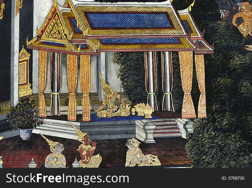 Thailand, Bangkok; the Wat Phra Kaew shelter the Emerald Buddha, the most sacred image of Thailand. The temple is situated in the northeast corner of the Grand Palace. Wall painting with mythological scenes. Thailand, Bangkok; the Wat Phra Kaew shelter the Emerald Buddha, the most sacred image of Thailand. The temple is situated in the northeast corner of the Grand Palace. Wall painting with mythological scenes