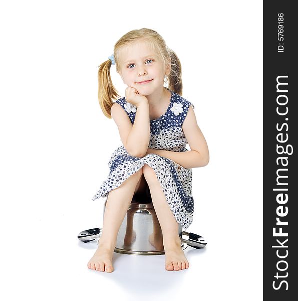 Little Cute Girl Sitting Over Saucepan