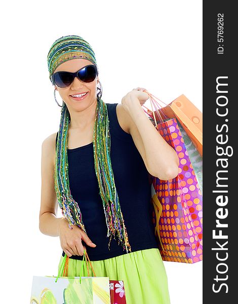 happy young lady holding shopping bags, isolated, on white background. happy young lady holding shopping bags, isolated, on white background