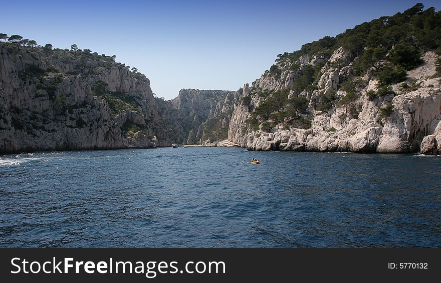 Calanques coastline near Marseille on French Riviera, france, with boat. Calanques coastline near Marseille on French Riviera, france, with boat