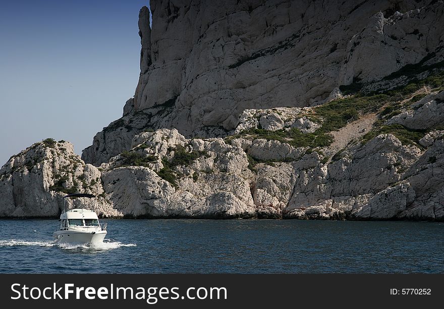 Calanques coastline near Marseille on French Riviera, france, with boat,. Calanques coastline near Marseille on French Riviera, france, with boat,