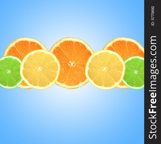 Lemon, lime and orange citrus fruit slices in a horizontal central line and set against a blue background with a white central glow. Lemon, lime and orange citrus fruit slices in a horizontal central line and set against a blue background with a white central glow.