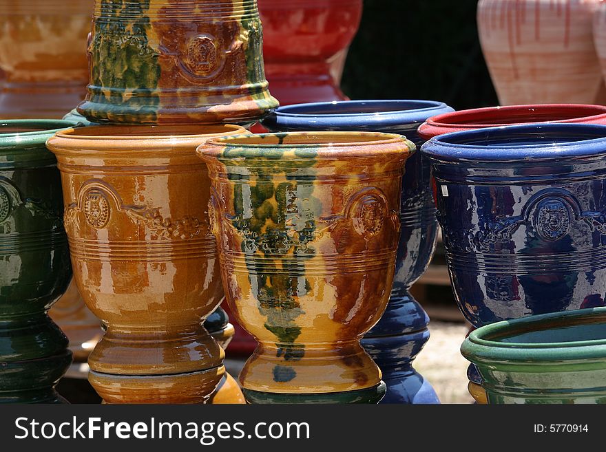 Colourful ceramics on the French Riviera, yellow and blue pottery