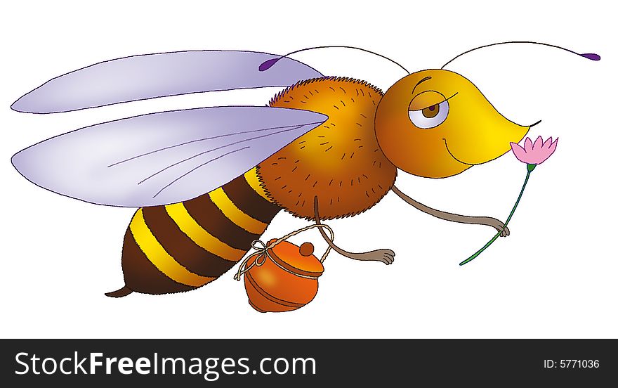 Funny bee with pot and flower on a white background