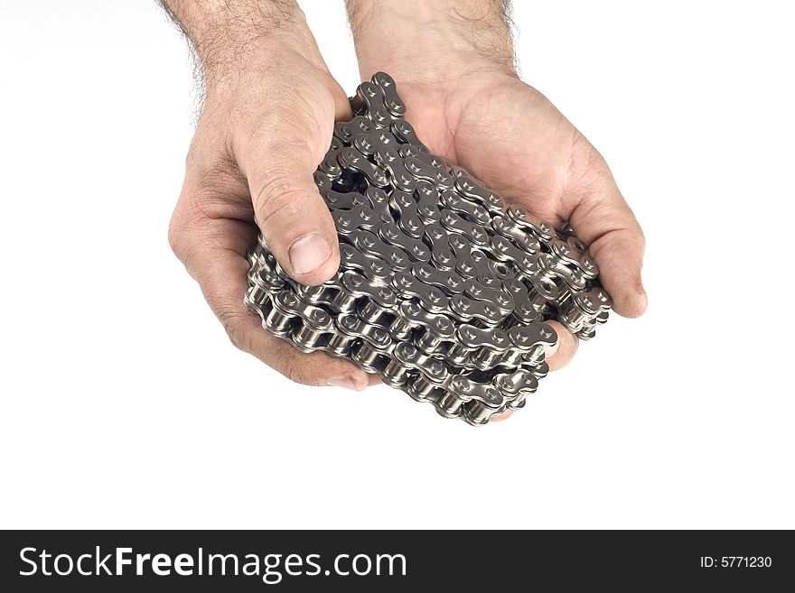 Hands with metal link chain on a white background