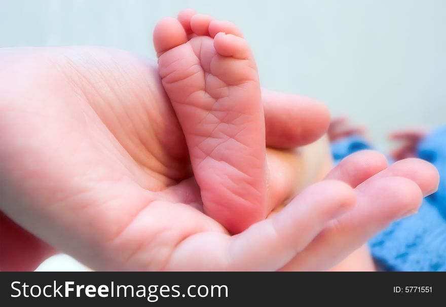 Two week old baby feet held in mothers hand. Two week old baby feet held in mothers hand.