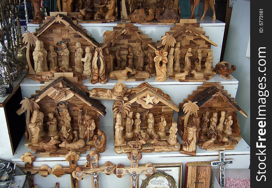 Holly figures, made of wood, at market in Jerusalem, Israel
