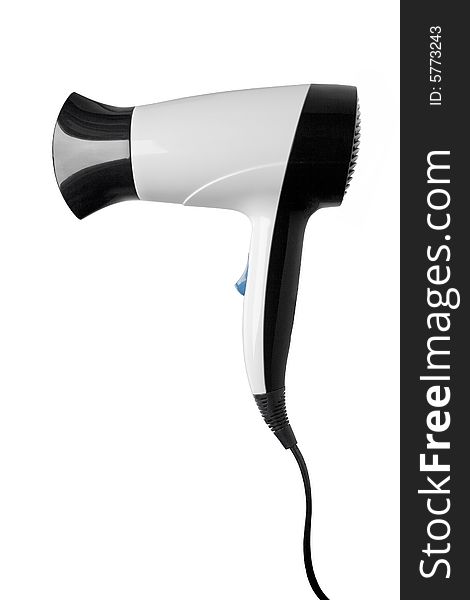 The hair drier of white color is isolated on a white background