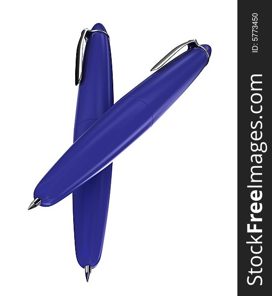 Two blue ballpoint pens on white background