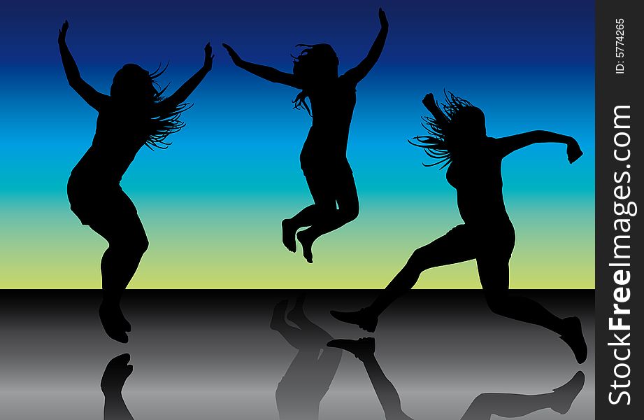 Illustration of jumping girls on blue colors background. Illustration of jumping girls on blue colors background