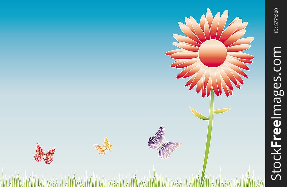 Illustration of a red daisy with butterflyes.