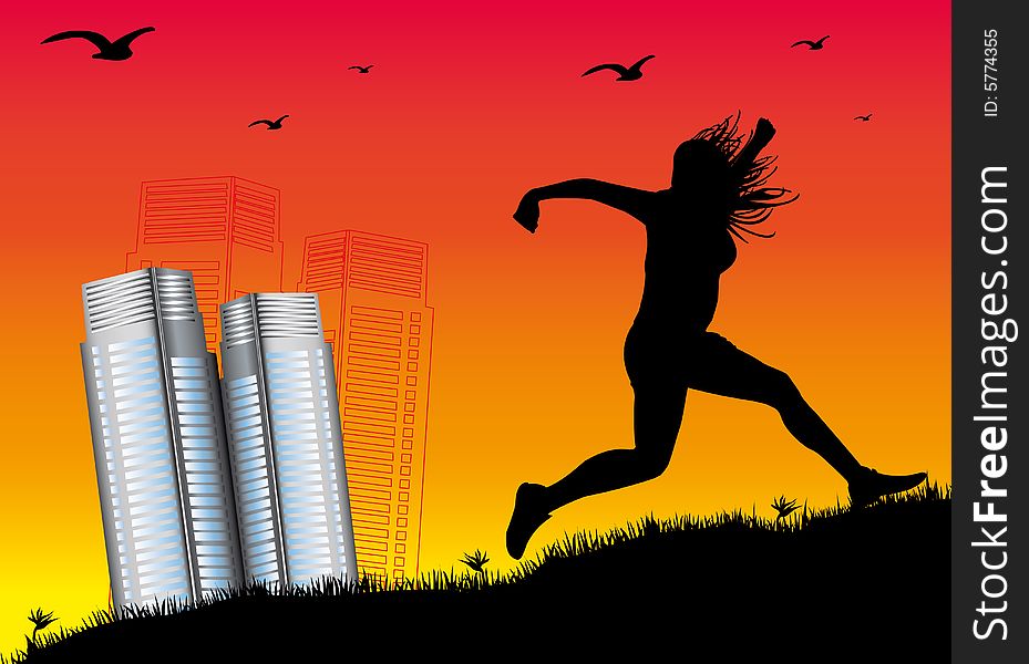 Illustration of a run away girl at sunset. Illustration of a run away girl at sunset