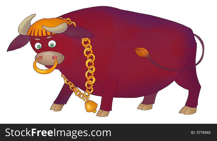 Furious  bull with chain on a white background