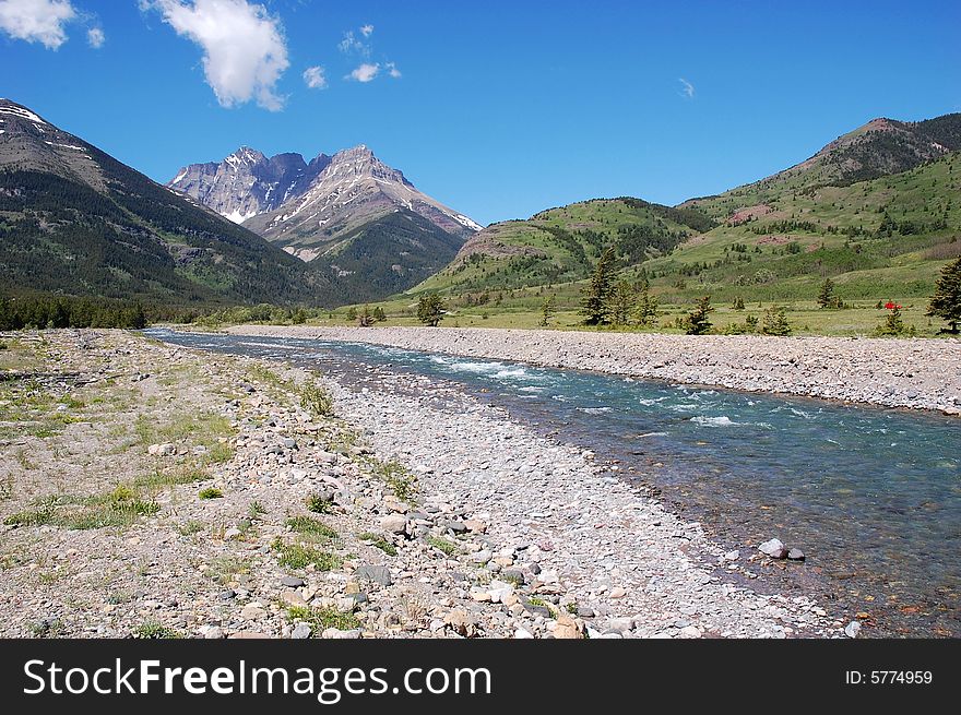 River and mountains in waterton lakes national park, alberta, canada