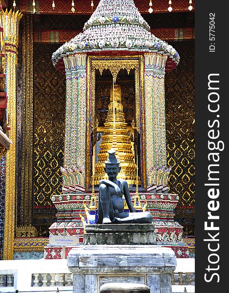 Thailand Bangkok; the wat Phra Kaew shelter the most sacred image of Thailand the Emerald Buddha. The temple is situated in the northeast corner of the Grand Palace. Detail of the decoration. Thailand Bangkok; the wat Phra Kaew shelter the most sacred image of Thailand the Emerald Buddha. The temple is situated in the northeast corner of the Grand Palace. Detail of the decoration