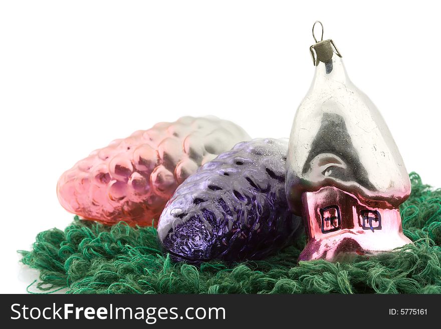 Xmas baubles: pine cones and retro toy house. Xmas baubles: pine cones and retro toy house