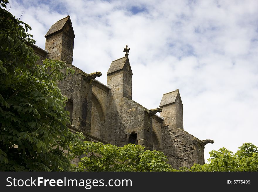 The gargoyle adorned church in Mirepoix, France. The gargoyle adorned church in Mirepoix, France.