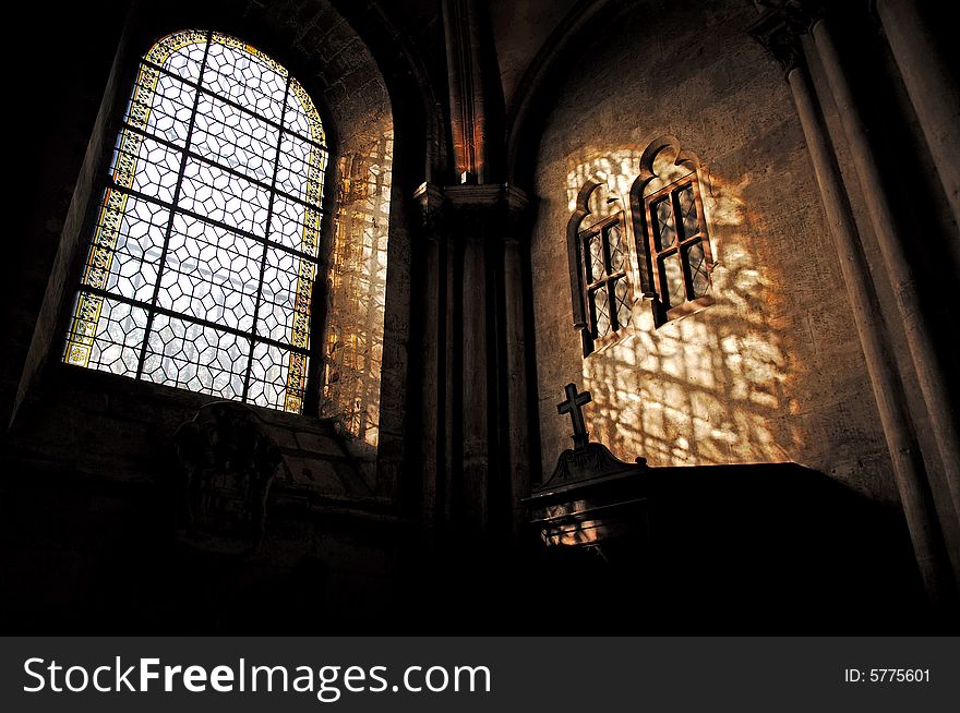 France, Paris:The Benedictine Abbey of Saint Germain des pres was founded by the merovingian king Childebert I in the 6th century. A nice inside view with two windows. France, Paris:The Benedictine Abbey of Saint Germain des pres was founded by the merovingian king Childebert I in the 6th century. A nice inside view with two windows