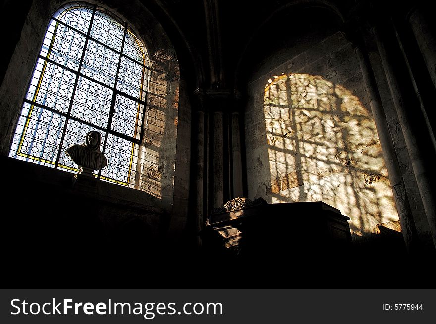 France, Paris:The Benedictine Abbey of Saint Germain des pres was founded by the merovingian king Childebert I in the 6th century. an inside view with windows. France, Paris:The Benedictine Abbey of Saint Germain des pres was founded by the merovingian king Childebert I in the 6th century. an inside view with windows