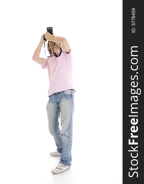 The man with the camera isolated on a white background