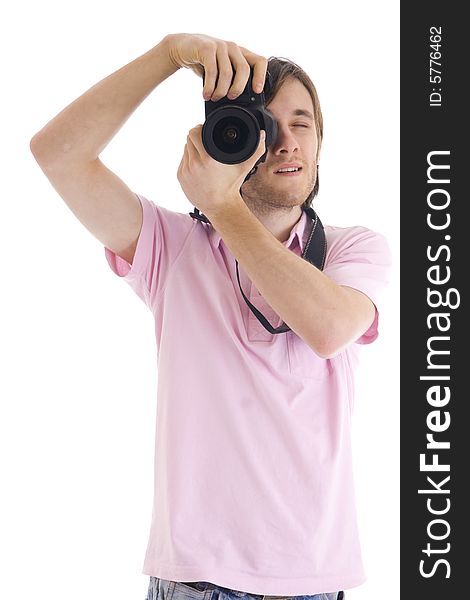 The man with the camera isolated on a white background
