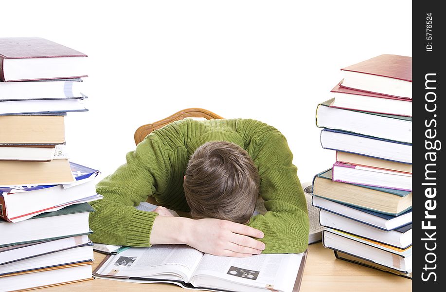 The sleeping student with books isolated on a white background