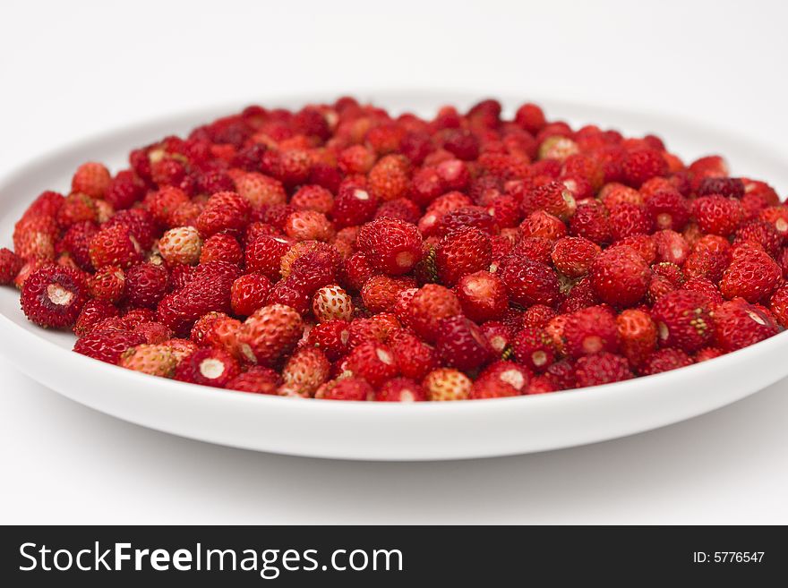 A close-up of a plate of fresh wild strawberry. Shallow depth of field.