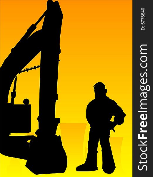 Engineer and crane on gradient background