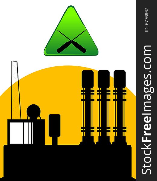 Industrial scene with factory and tools on isolated background
