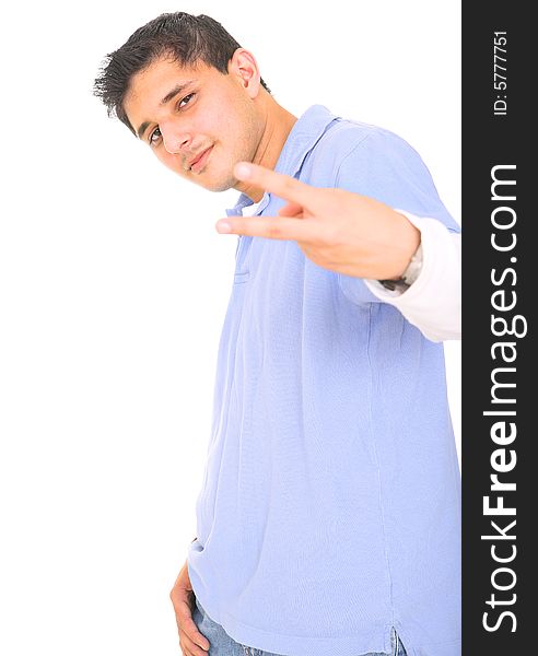 Teenager posing peace sign. isolated on white background. Teenager posing peace sign. isolated on white background