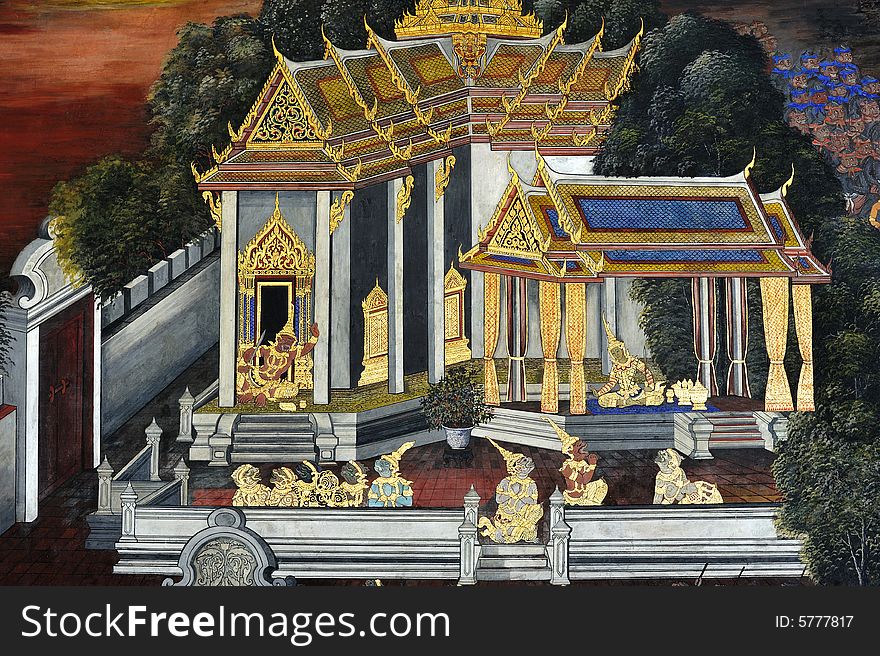 Thailand Bangkok; the wat Phra Kaew shelter the most sacred image of Thailand the Emerald Buddha. The temple is situated in the northeast corner of the Grand Palace. wall painting with mythological scenes. Thailand Bangkok; the wat Phra Kaew shelter the most sacred image of Thailand the Emerald Buddha. The temple is situated in the northeast corner of the Grand Palace. wall painting with mythological scenes