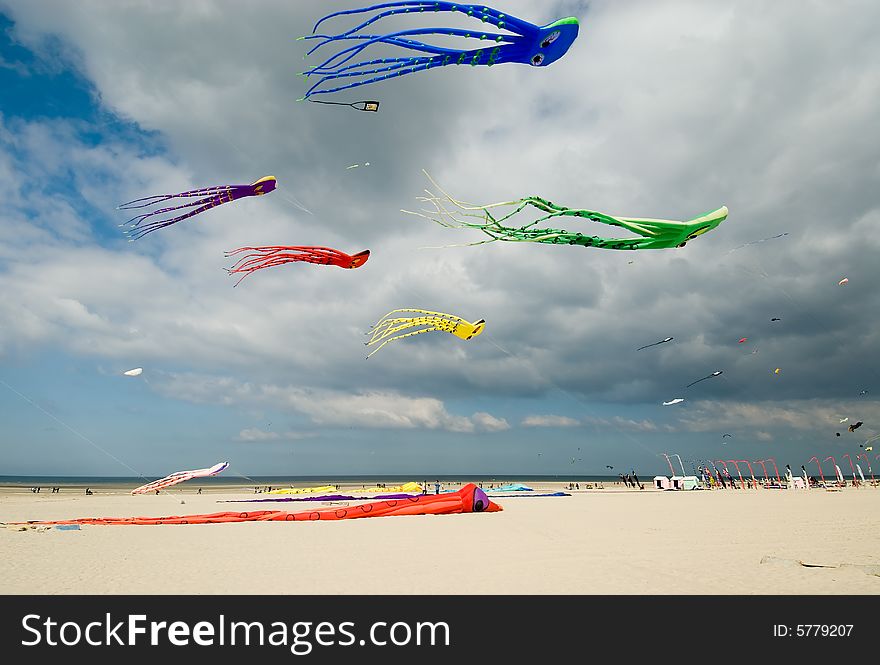 Colorful kites in blue sky with clouds on a beach. Colorful kites in blue sky with clouds on a beach