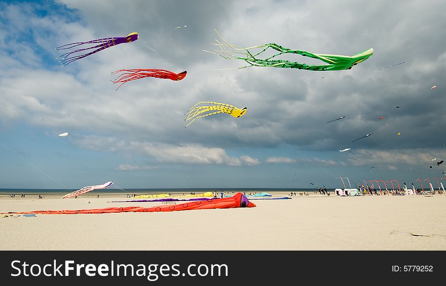 Colorful kites in blue sky with clouds on a beach. Colorful kites in blue sky with clouds on a beach