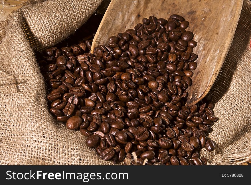 Coffee-beans are in the sack. Coffee-beans are in the sack